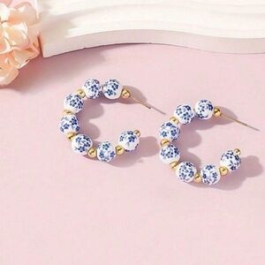 Gold and Blue Floral Hoop Earrings